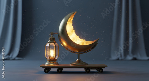 Golden Crescent Moon with Lantern, glowing with an inviting warm light, placed on a wooden platform. The crescent moon is the main element, representing serenity and peace.