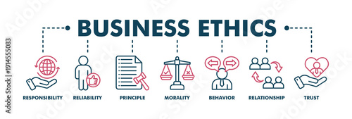 Business ethics banner web color vector illustration concept for web and print with an icon of responsibility, reliability, principle, morality, behavior, relationship, and trust