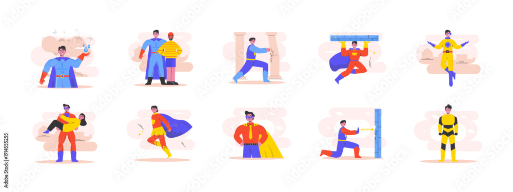 Fototapeta premium Set of 10 superhuman illustrations packs. Flat vector concepts.