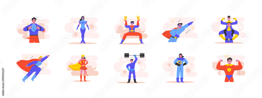 Fototapeta premium Set of 10 superhuman illustrations packs. Flat vector concepts.