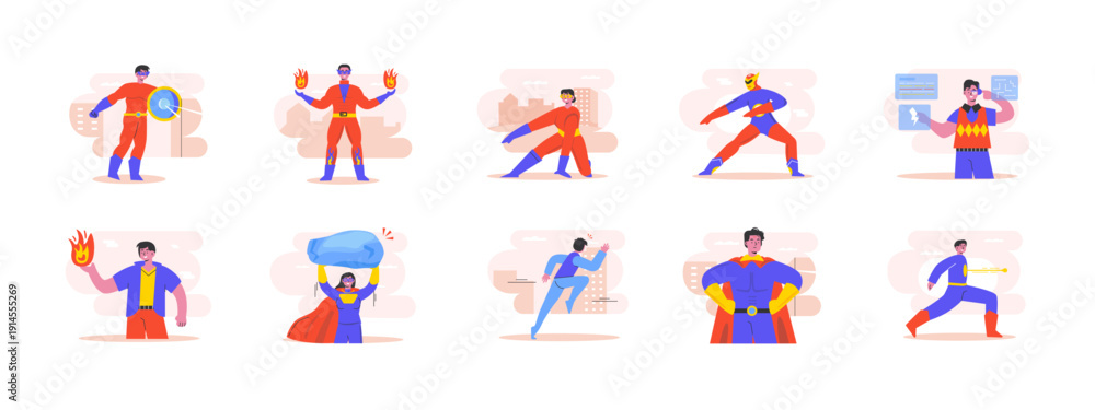 Fototapeta premium Set of 10 superhuman illustrations packs. Flat vector concepts.