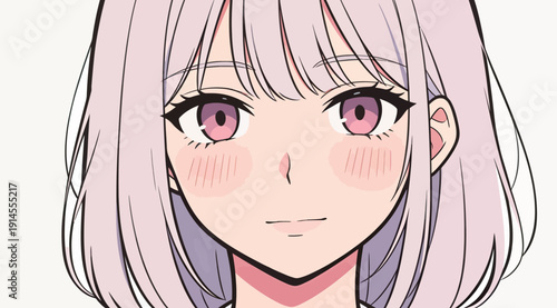 A young woman with light hair and pink eyes smiles gently at the viewer. The character has a simple design and warm expression.
