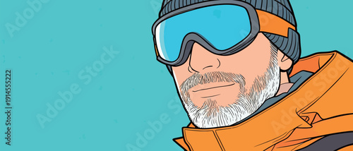 A man with white facial hair smiles while wearing ski goggles and an orange jacket in a snowy area. The sun shines brightly in the background.