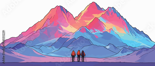 Three hikers stand together looking at colorful mountains during sunset. The scene shows bright hues in the sky and peaks.
