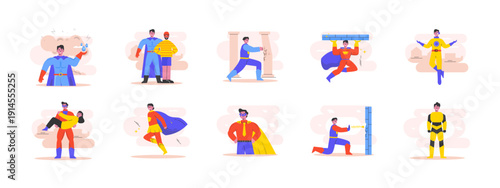 Set of 10 superhuman illustrations packs. Flat vector concepts.