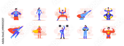 Set of 10 superhuman illustrations packs. Flat vector concepts.