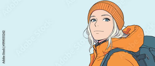 A young woman stands with a backpack, wearing a bright orange jacket and hat, smiling in a cold outdoor setting.