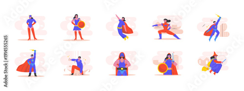 Set of 10 superhuman illustrations packs. Flat vector concepts.