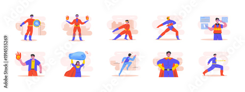 Set of 10 superhuman illustrations packs. Flat vector concepts.
