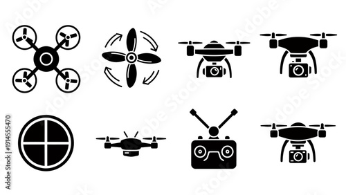 Assorted drone and aerial drone icons set showcasing technology hardware and rotors.
