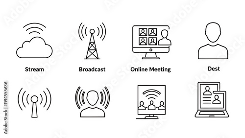 Set of line-style icons depicting streaming, broadcasting, online meetings and related digital communication devices.