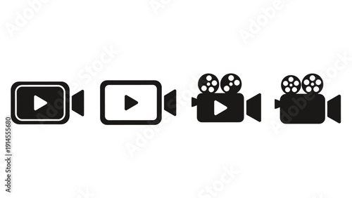 Row of vintage film cameras and recording device icons displayed in a monochrome silhouette.