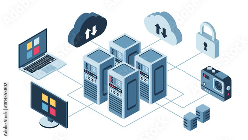 Networked data center with servers, racks, cloud icons, and connected devices illustrating modern IT infrastructure.