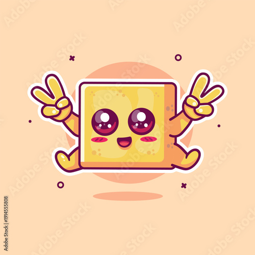 funny tofu food character mascot jumping with peace hand isolated cartoon 