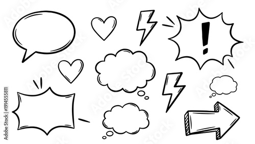 A set of comic book style speech bubbles and thought clouds in a simple line art design