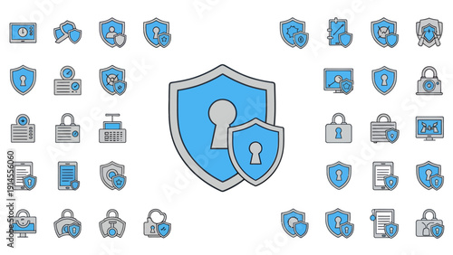 Security Shield Icons Collection Highlighting Protection, Encryption, and Digital Safeguards for Data Security Graphics.