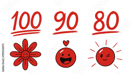 A colorful vector graphic illustration of smiling emojis and ratings with a flower and heart