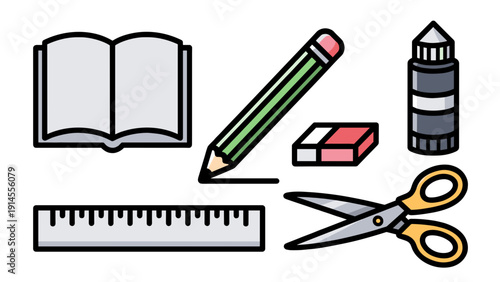 A colorful vector illustration of school supplies on a white background