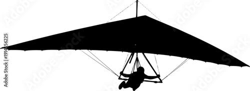 Black silhouette of a person hang gliding against a isolated on white background
