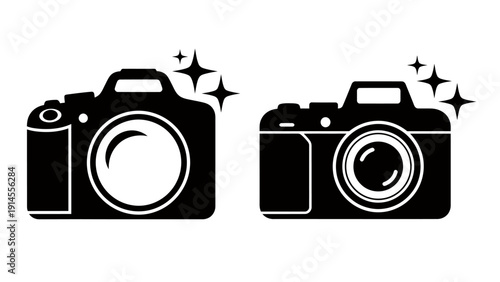 Twin camera icons with sparkle effects representing photography and imagery.