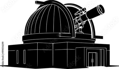 Black silhouette graphic of an astronomical observatory building with a large telescope isolated on white background
