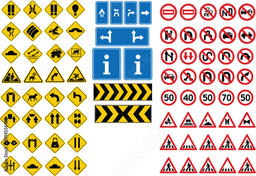 A large comprehensive collection of various international traffic road signs including warning regulatory and information symbols in flat vector.