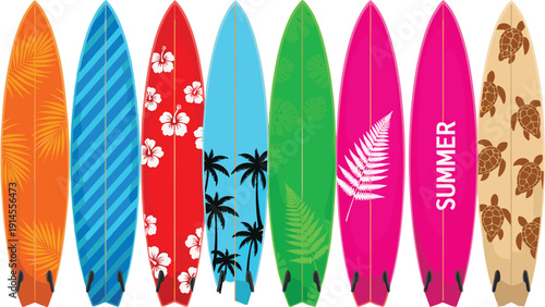 A vibrant collection of eight colorful surfboards with tropical patterns like palm leaves hibiscus and sea turtles vector.
