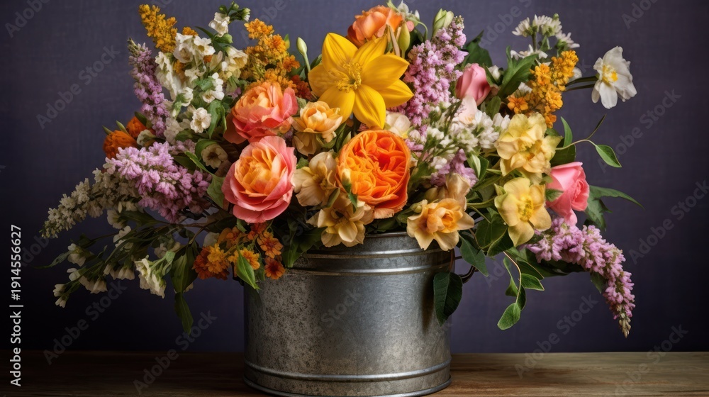 Fototapeta premium A dramatic, abundant bouquet of spring and summer flowers bursts with color from a rustic galvanized pail.
