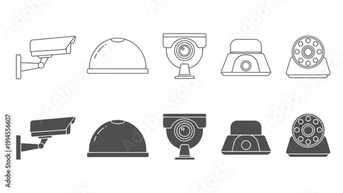 Collection of security surveillance cameras icons in outline and solid styles for technology visuals.