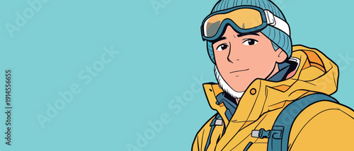 A person stands wearing a yellow jacket and ski goggles against a blue background. They look ready for winter sports.