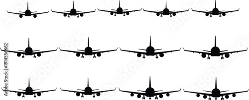 Commercial Airplane Silhouettes Set Showing Front View Passenger Jets Landing and Taking Off Isolated on White Background Aviation Vector Illustration