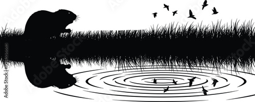 Beaver Silhouette by Lake with Grass, Water Reflection and Flying Birds Isolated on White Background Nature Wildlife Vector Illustration