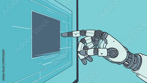 A robotic hand extends to connect with a touchscreen in a digital environment. The colors are bright and the shapes are simple.