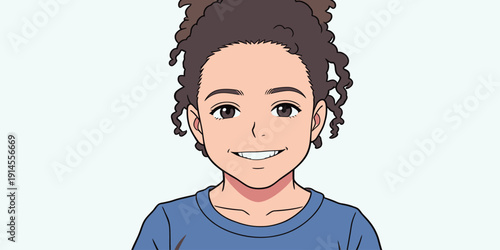 A young child with curly hair smiles while wearing a blue shirt. The background is light and simple, focusing on the child.