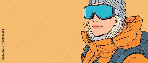 A woman with blonde hair is dressed in ski gear with goggles. She is ready for skiing with a bright background.