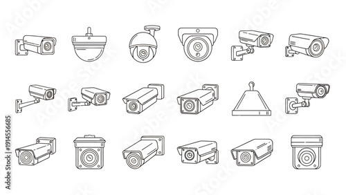 Collection of line art icons showing multiple security cameras and surveillance devices.