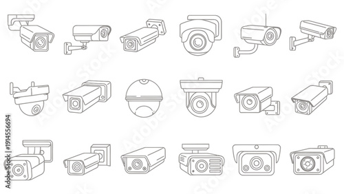 Collection of security camera icons and surveillance graphics set.
