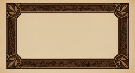 Ornate rectangular wooden frame with intricate carvings and decorative corner designs against tan backdrop