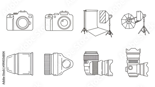 Collection of studio photography equipment icons showing camera, lenses, stands, and lighting gear for visual reference.