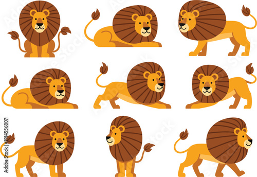 A collection of cute cartoon lion characters in various poses like sitting walking and lying down flat vector.
