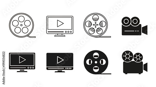 Collection of cinema and film icons featuring reels, projectors, screens, and clapperboards for graphic design.