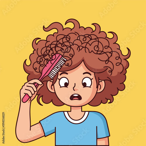 Woman with curly hair having trouble combing tangled locks