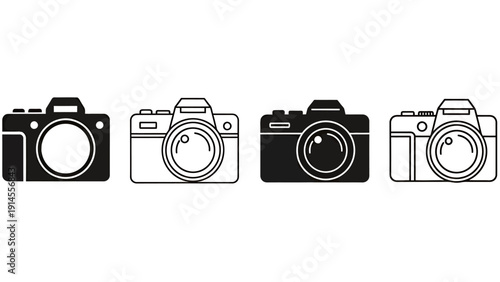 Set of camera icons in black, white, and grayscale for graphic design and illustration projects.