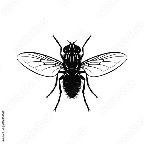 Black fly insect with transparent wings on white background