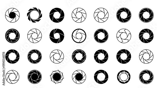 Set of black and white circular camera aperture icons arranged in a grid pattern.