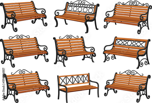 Large collection of realistic wooden park benches with decorative wrought iron frames for outdoor garden and landscape architectural design.