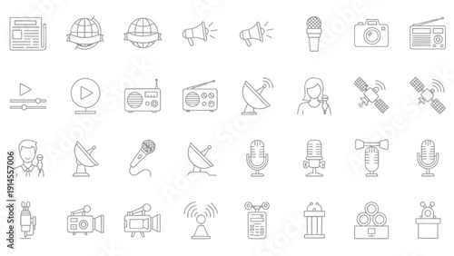 Collection of grey line icons depicting diverse media and technology concepts.