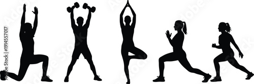 Fitness Silhouettes Collection with Men and Women Performing Lunges, Dumbbell Exercises and Yoga Pose Isolated on White Background Vector Illustration