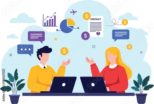 Professional business colleagues collaborating on financial data analysis, contract management, and investment planning in a modern flat vector style.