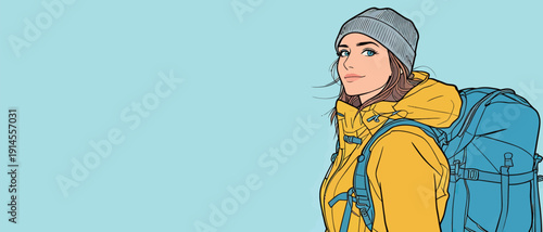 A young woman stands with a backpack in an outdoor setting. She wears a yellow jacket and gray hat while preparing for a hike.
